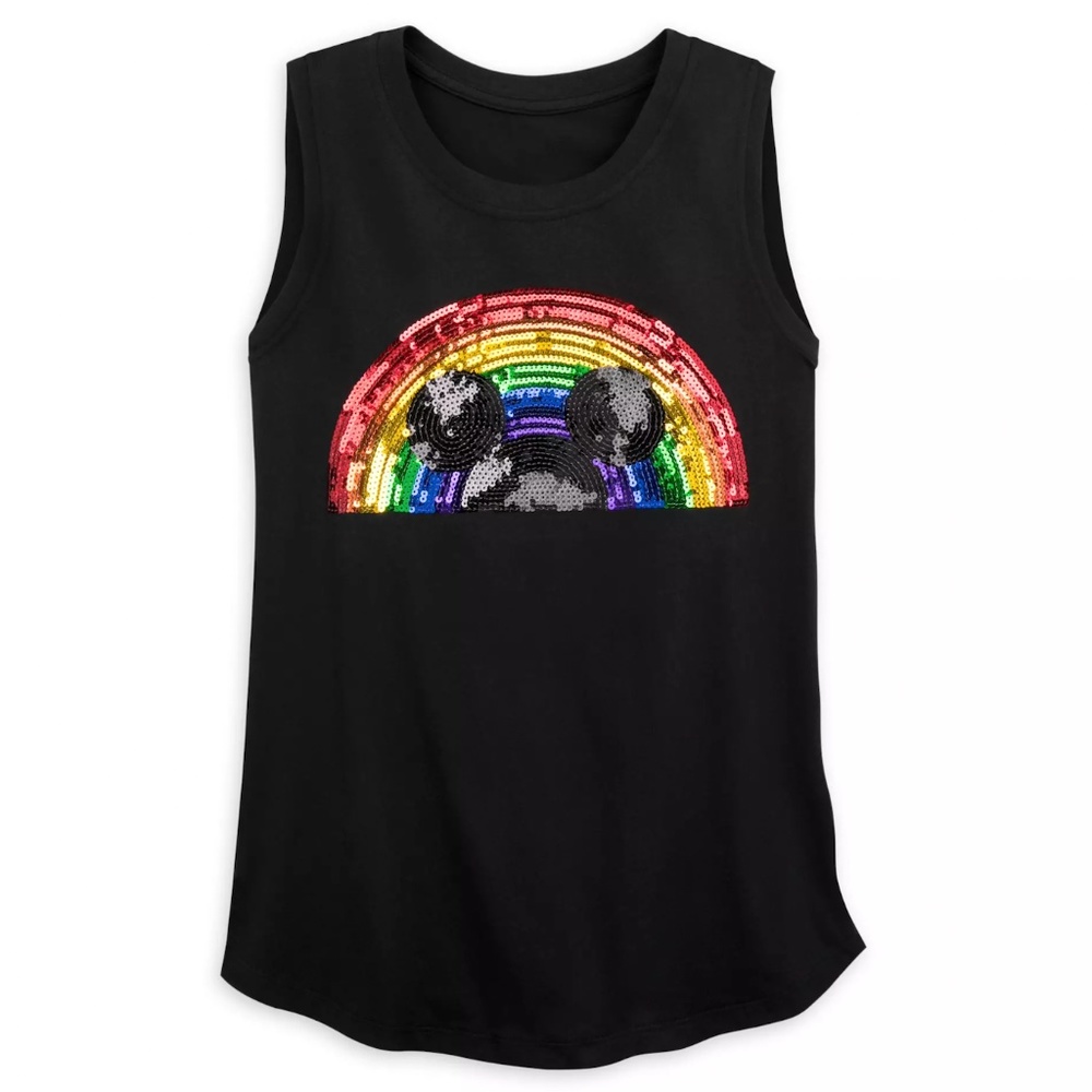 DISNEY Rainbow Sequin Mickey Mouse Tank Top Iconic Ears Sequined Pride ~ Large